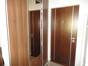 a closet with a mirror and a wooden door at Autokomanda in Belgrade