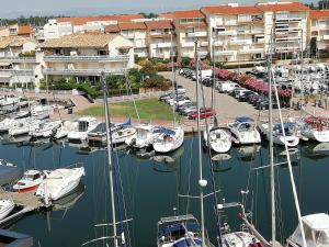 um grupo de barcos ancorados numa marina com edifícios em Beau T2 Climatisé sur Marina avec parking privé em Canet-en-Roussillon