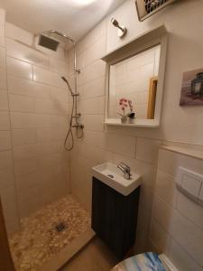 een badkamer met een wastafel en een douche bij Eddy's Stadt Stübchen in Quedlinburg