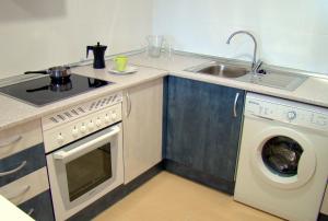 eine Küche mit einer Spüle und einer Waschmaschine in der Unterkunft Aparthotel Encasa in Madrid