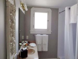 uma casa de banho com um lavatório e uma janela em Nestle Inn em Indianápolis