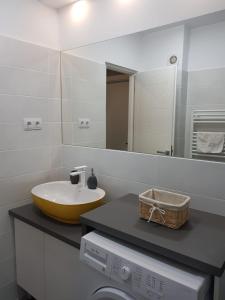 a bathroom with a sink and a washing machine at Travel Homzzz Central Apartments - Piata Trandafirilor in Târgu-Mureş