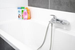 ein Bad mit einem Duschkopf und einem Waschbecken in der Unterkunft Vienna Lights Apartments - Meidling in Wien