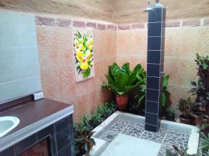 a bathroom with a sink and a shower with plants at Sala Done Khone Hotel in Ban Khon