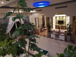 a lobby with plants and a blue ceiling at Louis Luxury Villa by filoxenia in blue in Rhodes Town
