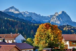 een boom op de voorgrond met bergen op de achtergrond bij Ferienwohnung Anna in Garmisch-Partenkirchen