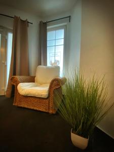 una sedia in vimini seduta in una stanza con finestra di Suite an der Lutherkirche a Erfurt Altre 2 foto