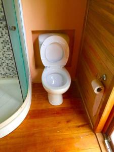 プンタ・インディオにあるCabañas Tunkelenの小さなバスルーム(トイレ、シャワー付)