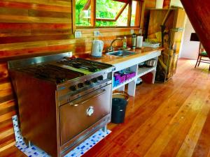 a kitchen with a stove and a sink at Cabañas Tunkelen in Punta Indio