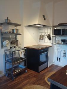una cucina con piano cottura nero e bancone di Gårdshuset a Söderhamn