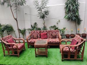 阿姆利則的住宿－Hotel Exotic - 5 min walk from Golden Temple，客厅配有沙发、椅子和植物