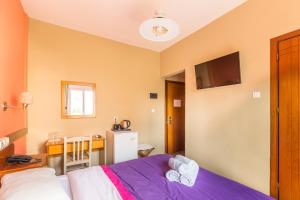 a bedroom with a purple bed and a tv at Hotel Almira in Agia Triada