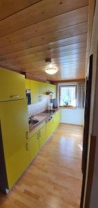 a kitchen with yellow cabinets and a wooden ceiling at Pension Appartements Via Claudia in Lermoos