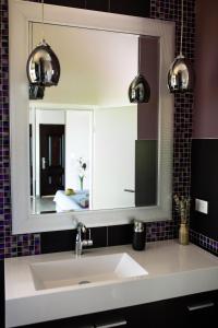 a bathroom with a sink and a mirror at Finca Colibri in Boca Chica