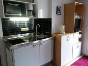 una pequeña cocina con fregadero y microondas en Appartementanlage Tecklenburger Altstadt en Tecklenburg