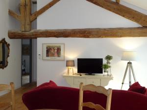 Maison d' Alys entre Luberon et Alpilles في Cabannes: غرفة معيشة بها أريكة حمراء وتلفزيون