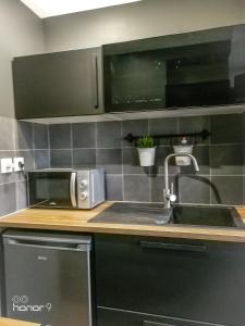 a kitchen with a sink and a microwave at Appartement Le 146 Bis, avec Parking in Rennes