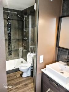 La salle de bains est pourvue de toilettes, d'une douche et d'un lavabo. dans l'établissement Appartement Le 146 Bis, avec Parking, à Rennes