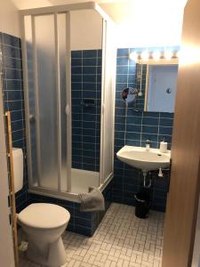 La salle de bains est pourvue de carrelage bleu, de toilettes et d'un lavabo. dans l'établissement Zentrales Studio im Kaiserviertel, à Dortmund
