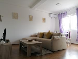 ein Wohnzimmer mit einem Sofa und einem Tisch in der Unterkunft Apartman Alto in Belgrad