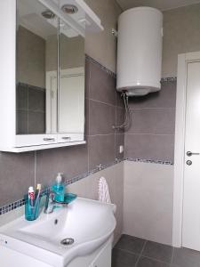 ein Badezimmer mit einem weißen Waschbecken und einem Spiegel in der Unterkunft Apartman Alto in Belgrad