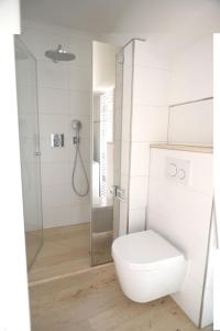 La salle de bains blanche est pourvue d'une douche et de toilettes. dans l'établissement Vogelnest, à Pirna