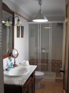 a bathroom with a sink and a shower and a toilet at Casa Rural Antigua Ermita del Rosario in Teba +16 photos