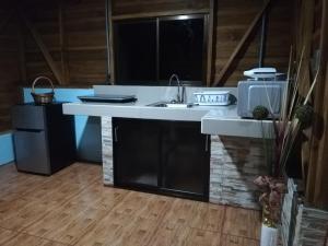 a kitchen with a sink and a microwave at Cabaña Rural Ave del Paraíso in Fortuna