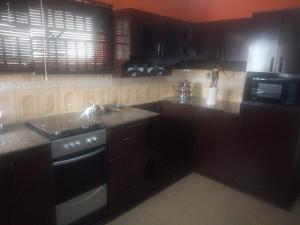 La cuisine est équipée d'un évier, d'une cuisinière et d'un four micro-ondes. dans l'établissement Tiffany Apartments, à Ibadan