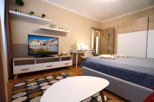 um quarto com uma cama e uma televisão de ecrã plano em Old Town Apartment em Cheb