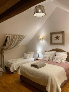 a bedroom with two beds in a attic at Chambres d hôtes La Suite du 12 in Brie +39 photos