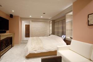 a bedroom with a bed and a tv and a couch at HOTEL Birthday 楠店 in Toyoyama
