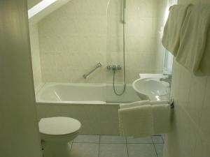 uma casa de banho com uma banheira, um WC e um lavatório. em Rosenhotel em Zweibrücken