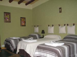 3 camas en una habitación con paredes verdes en La Posada Del Jamón en Vista Flores