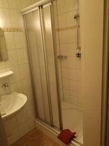 uma casa de banho com um chuveiro e um lavatório. em Hotel & Ristorante Il Duomo em Olpe