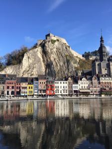 a city with a mountain in the middle of the water at Les Voisins De Mr Sax in Dinant