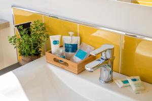 un lavandino in bagno con un supporto con articoli da toeletta di Urban Garden Hotel a Roma