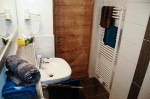 La salle de bains est pourvue d'un lavabo blanc et d'une douche. dans l'établissement Allgäuer Appartements, à Lachen