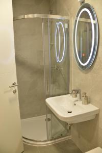 ein Badezimmer mit Dusche, Waschbecken und Spiegel in der Unterkunft Pupin Palata business apartman B5 in Novi Sad + 47 Fotos