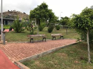 dois bancos sentados num caminho de tijolos num parque em Lou-Jos no Funchal