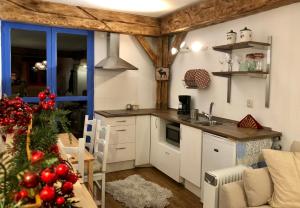 a kitchen with a christmas tree in a room at Apartamentos LÓRIEN Candanchú in Candanchú