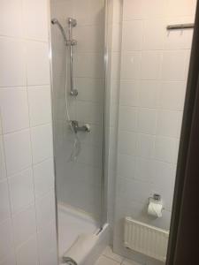 una doccia con porta in vetro in bagno di Hotel Arnold a Tata