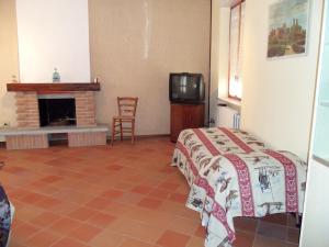 a bedroom with a bed and a tv and a fireplace at Appartamento San Bastian in CastellʼAlfero