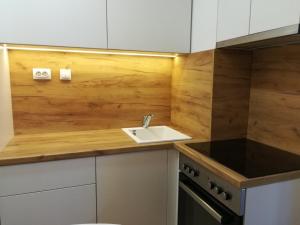 a small kitchen with a sink and a stove at Dunja in Valjevo