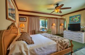 a bedroom with a bed and a flat screen tv at The Kauai Inn in Lihue