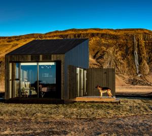 un perro parado en una plataforma frente a una casa en Seljalandsfoss Horizons, en Hvolsvöllur