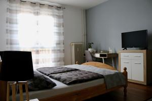 een slaapkamer met een bed en een flatscreen-tv bij Orchidea Apartman Pécs in Pécs