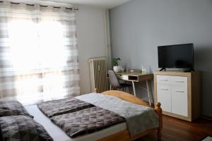 a bedroom with a bed and a tv and a desk at Orchidea Apartman Pécs in Pécs
