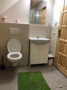 Łazienka z białą toaletą i umywalką w obiekcie Apartmán U Setra w mieście Pec pod Sněžkou