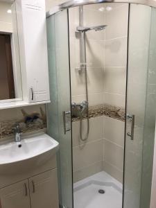a bathroom with a shower and a sink at уютная студия в Резине in Rezina